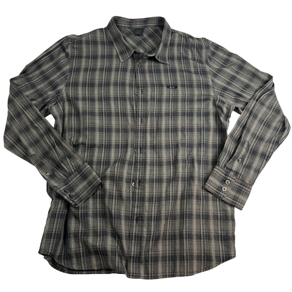Oakley‎ Mens XL Long Sleeve Plaid Button Down Shirt Grey Black Regular 01K 17578